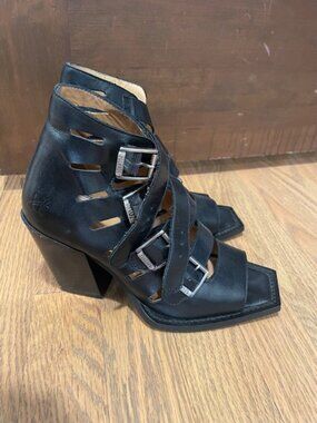 John Fluevog Black Leather Buckle Cage Heel Sandals Booties Avant Garde Size 6